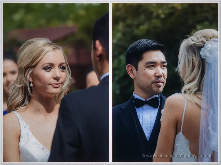 Close-up diptych of Kristyn and Chris exchanging quiet vows, greenery blurred behind them.