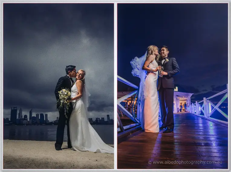 Two-panel night portrait: the newlyweds embrace on the beach at dusk, then toast with champagne on the jetty