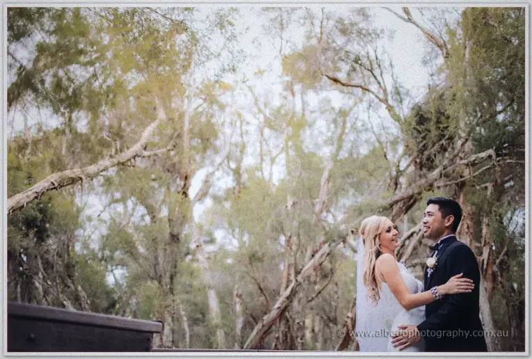 Kristyn and Chris gaze at each other among towering gums, veil lifting in the dappled light.