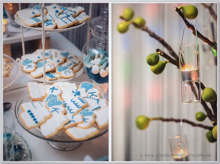 Blue and white iced cookies share a two-panel frame with a candle lantern hung from a fig branch