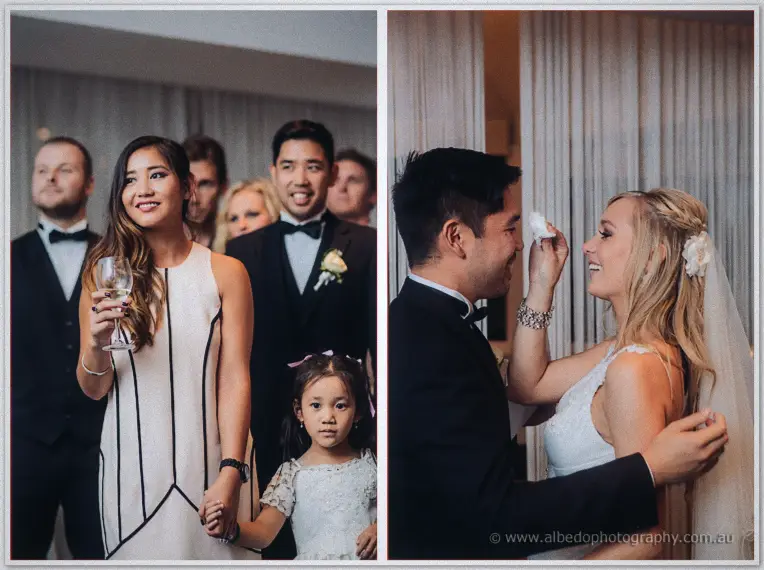 Guests watch intently before Kristyn laughs while dabbing frosting from Chris's nose in the second panel