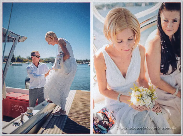 Tansy steps from the tinnie onto the jetty lifting her lace hem while a groomsman steadies her