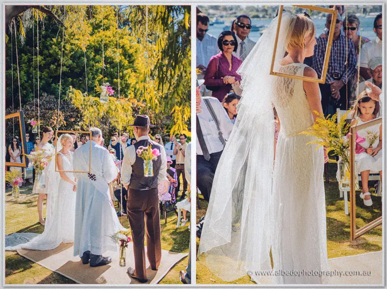 Diptych of the outdoor ceremony and Tansy's long veil catching sun through a hanging frame