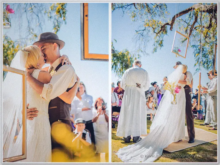 Diptych of Tansy and Ciaran's first kiss and the couple embracing before seated guests