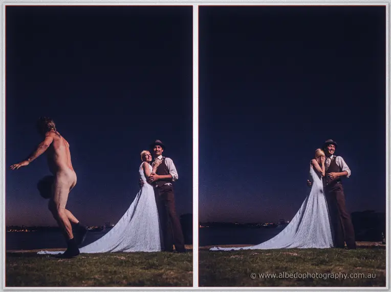 A two-frame night shot catches a streaker darting past the unbothered couple by the water