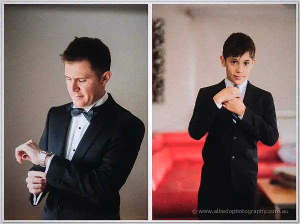 Groom checks his watch in one frame while a young page boy straightens his tie in the other