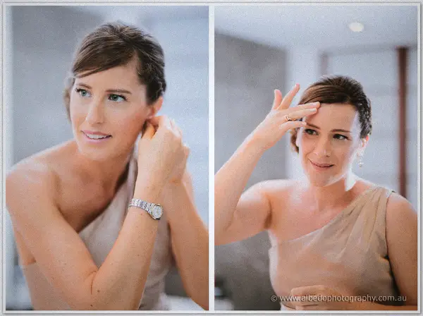Two soft portraits of the bride in a one-shoulder gown fastening an earring and showing off her ring.