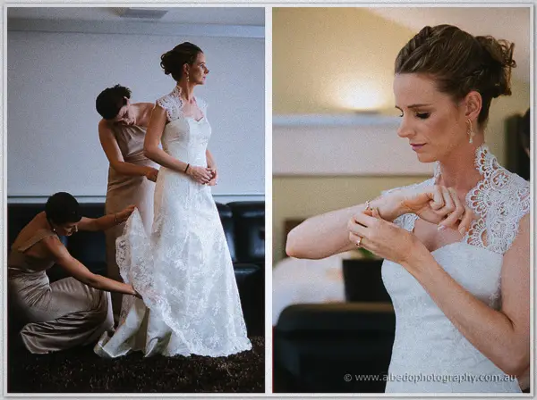 Two frames of the bride: friends arranging her lace train, then fastening a bracelet at her wrist.