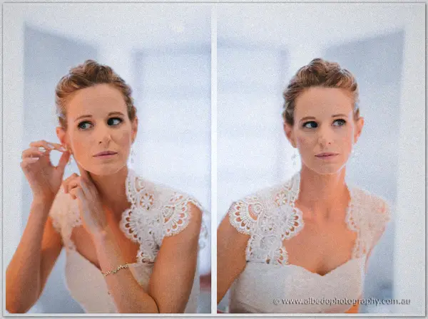 Two close frames of the bride fastening an earring, lace-caped gown and soft blue window light behind.