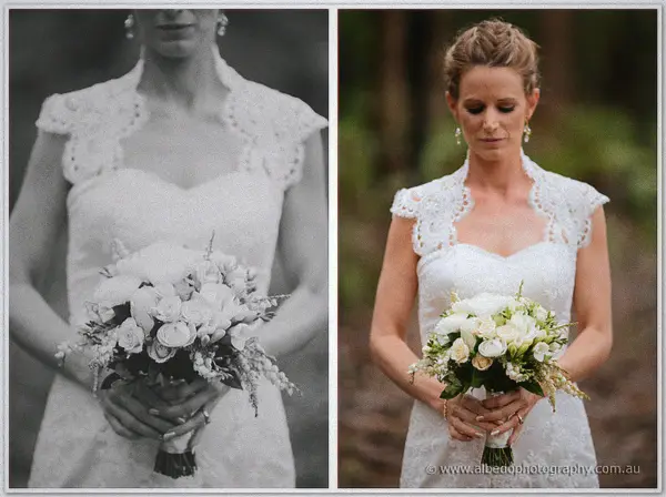 Bride holds a white rose bouquet in matching monochrome and colour frames among forest greenery.