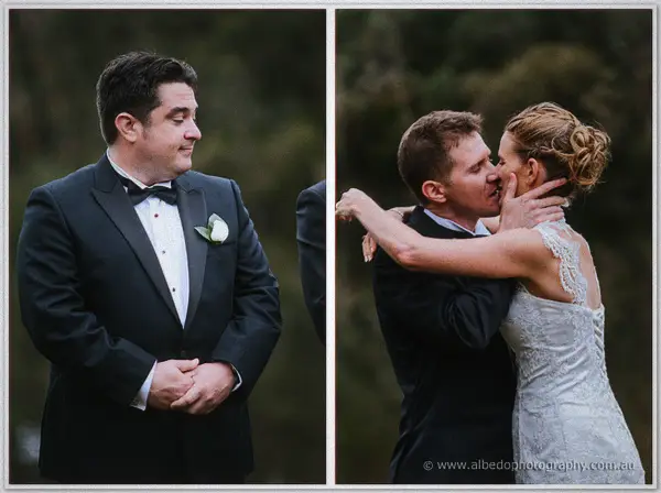 Best man watches solemnly, then the newlyweds share their first kiss by the lake.