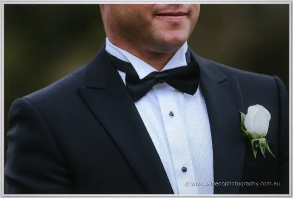 Close-up of a black bow tie, pinstriped shirt and white rose buttonhole on the groom's tuxedo.