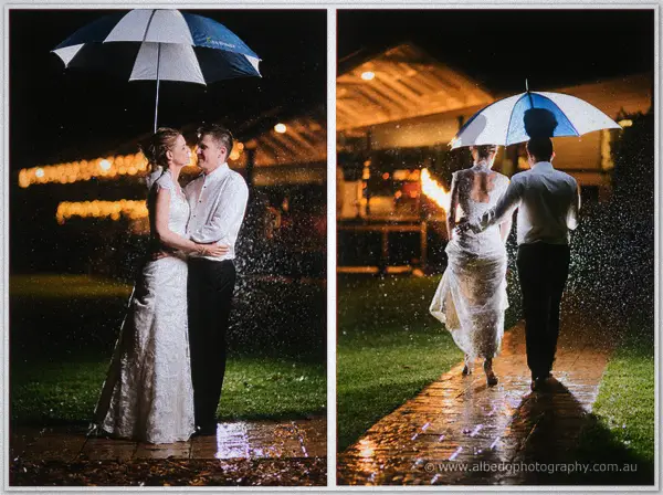 Couple kissing under an umbrella in the rain, then walking a lit path in a two-panel set.