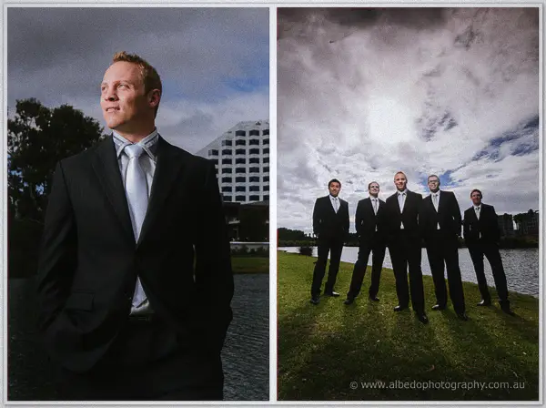 Nathan by the lake with the resort tower behind, and the groomsmen grouped on grass under heavy clouds