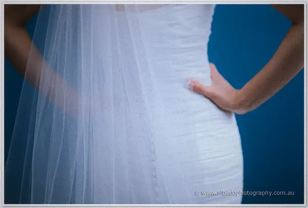 The back of Sarah's gown, her hand on her hip as the veil falls sheer over the ruched bodice