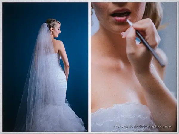Sarah's full veil sweeps down her back in profile, beside a tight shot of lipstick being brushed on