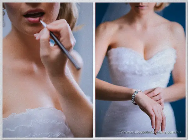 A brush traces Sarah's lips, paired with her hands settling a crystal bracelet at her wrist