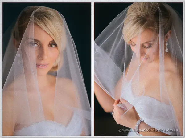Two frames of Sarah beneath her veil: a steady gaze over tulle, then a downward smile in lace