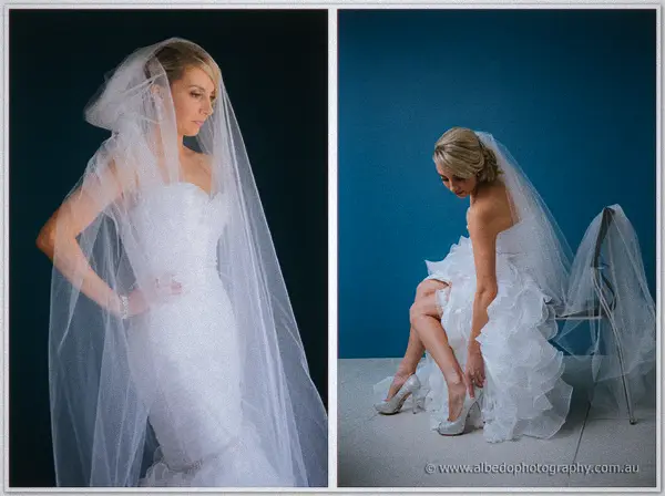 Veiled Sarah poses hand on hip, then sits to buckle a sparkly silver heel beneath ruffled layers