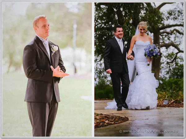 A nervous Nathan rubs his hands on the wet lawn, then walks in beside veiled Sarah clutching blue blooms