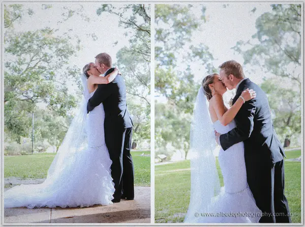 Two frames of the first kiss: full length under the pavilion, then a close embrace on the rain-dark lawn