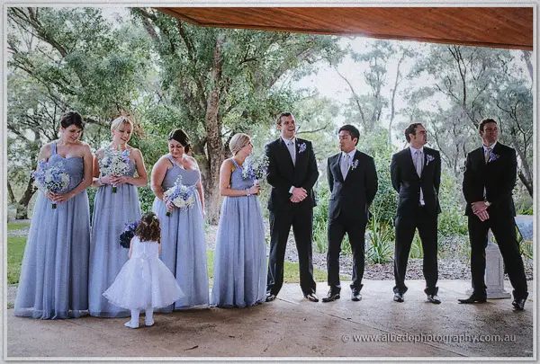 The bridal party lines up under the pavilion, a flower girl in white before grey gowns and black suits