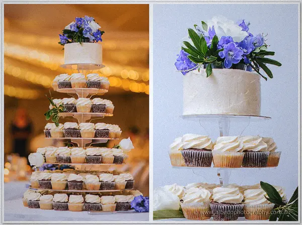 Two views of the couple's cupcake tower topped with a small cake dressed in blue and white blooms