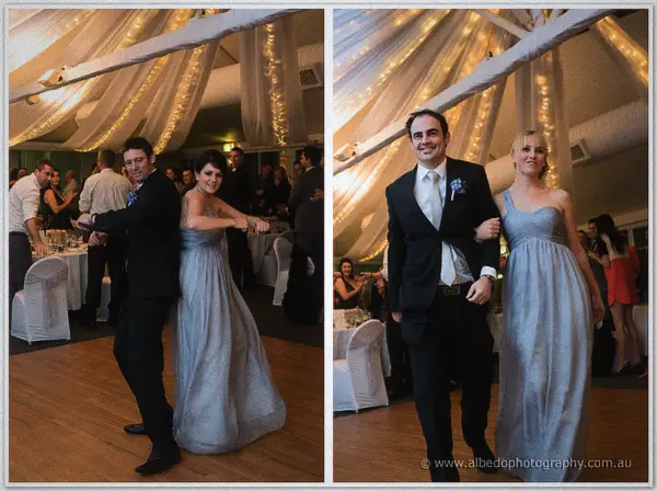 Groomsmen and bridesmaids dance and strut beneath fairy lights in a two-frame reception moment