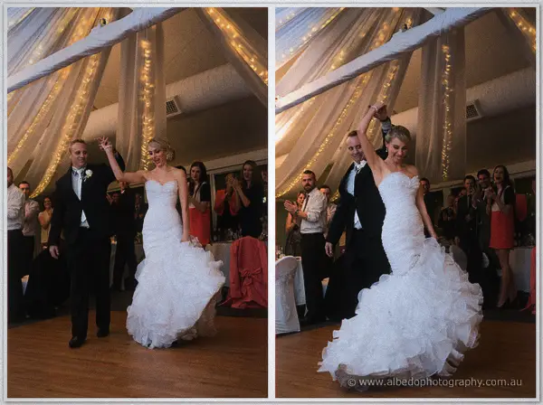 Two frames of Sarah and Nathan's first dance, Nathan raising Sarah's hand as guests applaud
