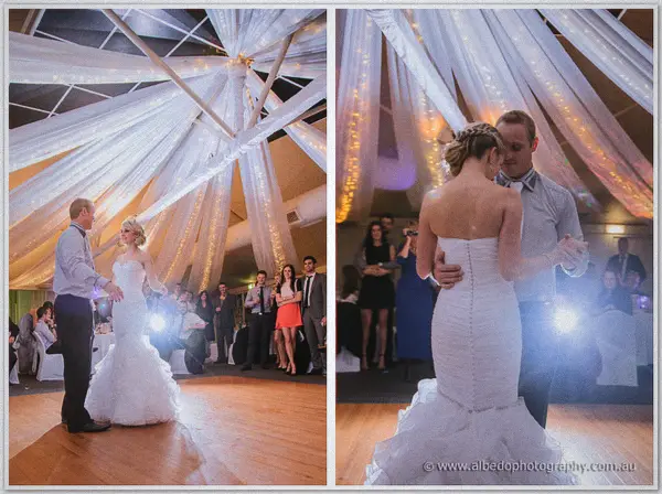 Sarah and Nathan's first dance in two frames, guests watching beneath the draped lit ceiling