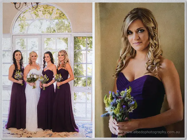 Ashley and her plum-gowned bridesmaids pose by arched windows beside a solo bridesmaid portrait