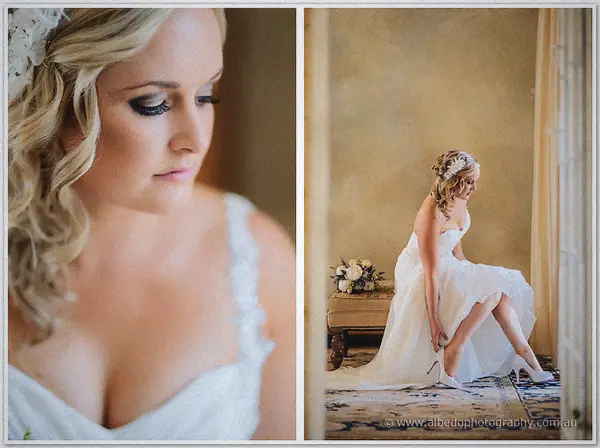 A close beauty portrait of Ashley glancing down, then she sits to slip on sparkling ivory heels