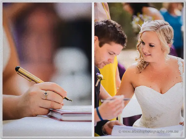 Signing the marriage register with a gold pen at the garden ceremony