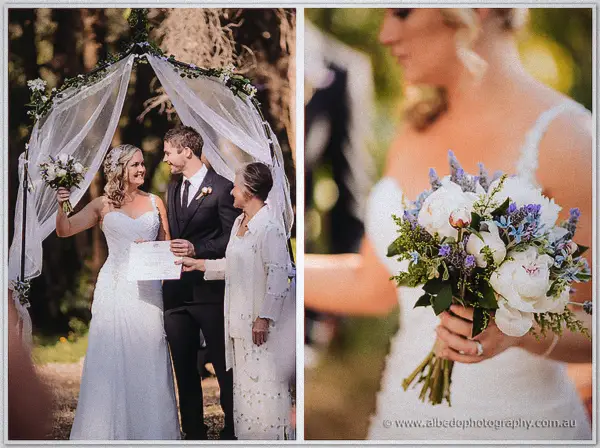 Bride cheering with her marriage certificate beside a close-up of the peony bouquet