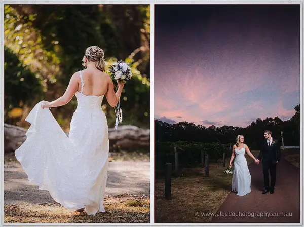 Diptych of Ashley from behind lifting her dress in sunlit bush and walking hand in hand at dusk