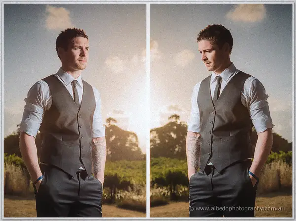 Twin portraits of a groomsman in a grey vest and tie, hands in pockets against a golden sky