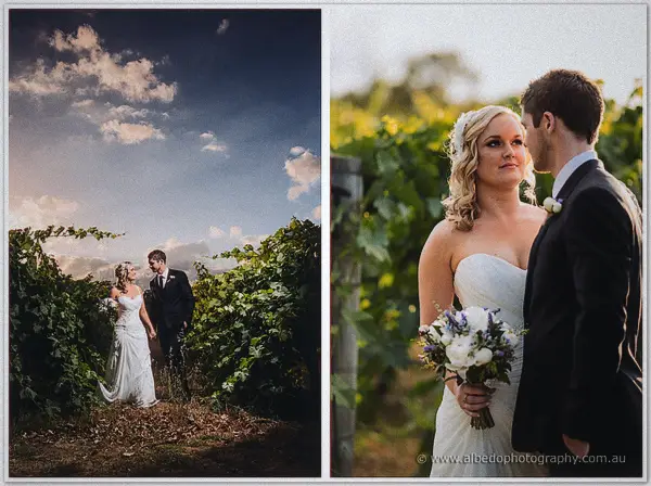 Twin frames of the couple laughing among vines, a wide scene beside a close portrait with bouquet