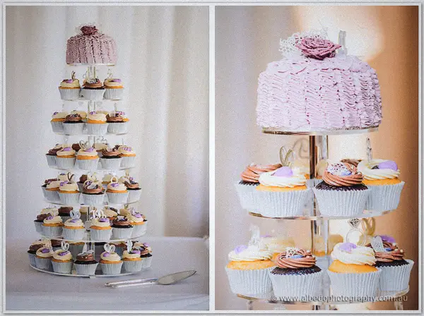 Two views of the cupcake tower topped with a ruffled pink cake crowned by a purple rose