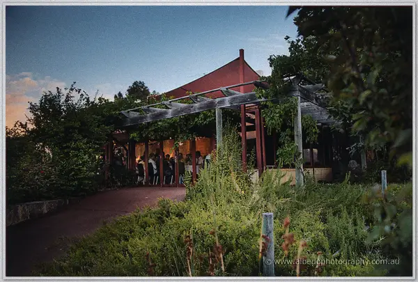 Guests dine under the vine-covered pavilion roof as warm evening light settles over the gardens