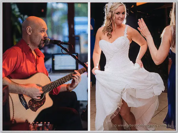 Twin frames of a guitarist singing at the reception and Ashley dancing in her gown