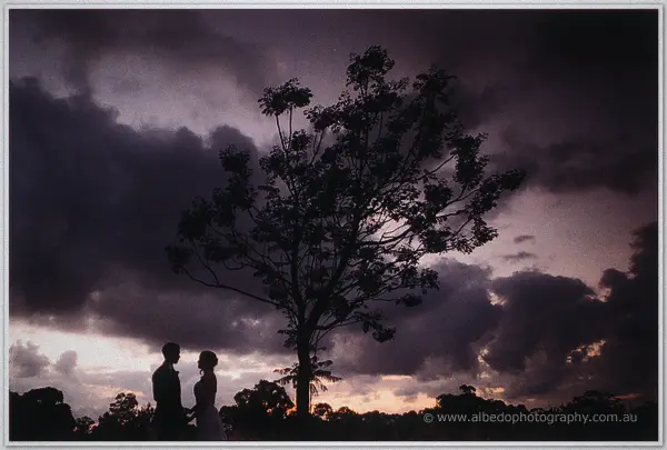 Silhouette of Ashley and Payden beneath a lone tree in a stormy violet dusk at Carilley Estate