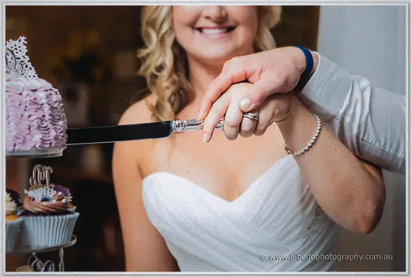 Ashley and Payden's ringed hands guide the cake knife toward the ruffled pink cake