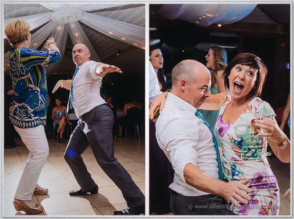 Diptych of playful dance-floor moves: a man lunges dramatically while a woman in a floral dress laughs
