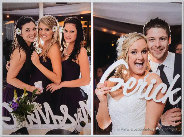 Diptych: bridesmaids in plum dresses by the Mr and Mrs sign, then the couple holds a white Gerick cutout