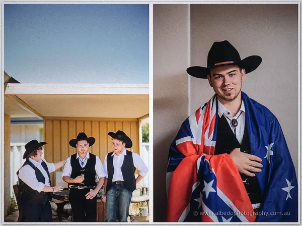 Diptych of the groomsmen joking on the veranda and Gary smiling with an Australian flag round his shoulders