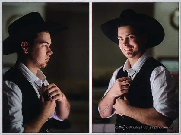 Two-frame portrait of Gary fastening his bolo tie, black hat brim casting soft shadow indoors