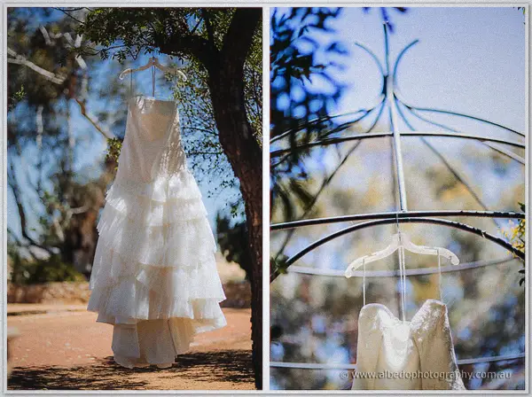 Tash's ruffled lace gown hangs from a gum branch beside a second dress on a garden arch