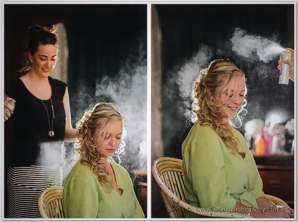 Two-frame scene of the stylist clouding hairspray around Tash's curled updo before the ceremony