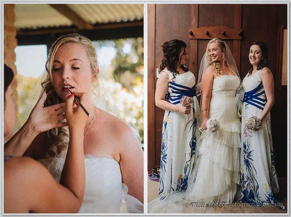 A split frame shows the bride having her lipstick applied and posing with two bridesmaids by the barn.