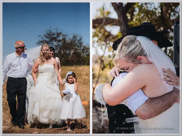 A split frame of the bride walking the dirt track with her father and a tearful hug from the hatted groom.